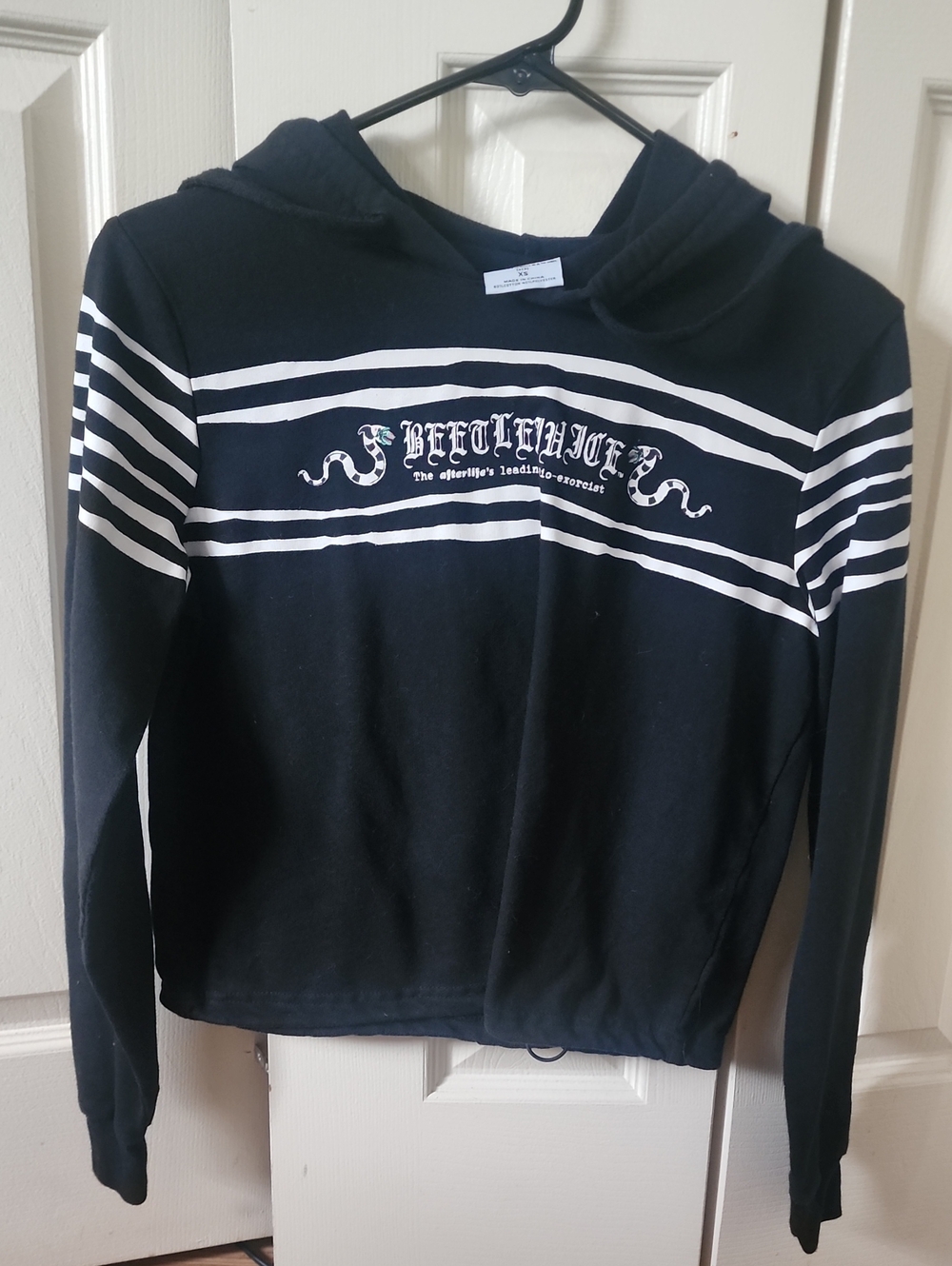 Black Striped "Beetlejuice" Hoodie with White Graphic